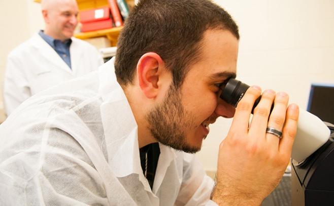 学生通过显微镜观察